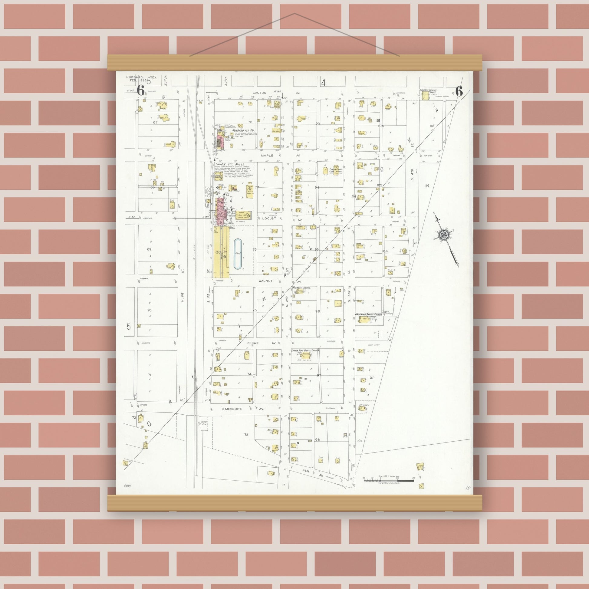 Old map wall art mockup — magnetic wood frame on brick wall — Sanborn Fire Insurance Map from Hubbard, Hill County, Texas (1935), Sheet #0006
