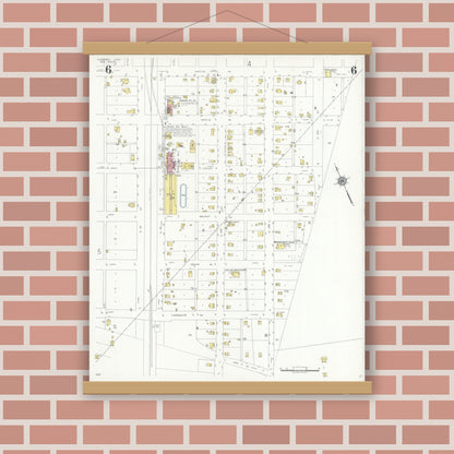 Old map wall art mockup — magnetic wood frame on brick wall — Sanborn Fire Insurance Map from Hubbard, Hill County, Texas (1935), Sheet #0006