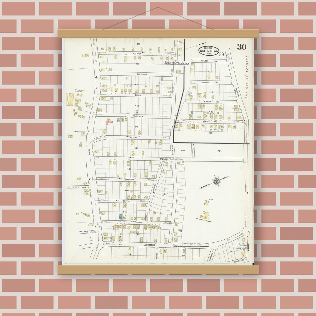 Old map wall art mockup — magnetic wood frame on brick wall — Sanborn Fire Insurance Map from Watertown, Middlesex County, Massachusetts (1916), Sheet #0030