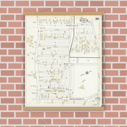 Old map wall art mockup — magnetic wood frame on brick wall — Sanborn Fire Insurance Map from Watertown, Middlesex County, Massachusetts (1916), Sheet #0030