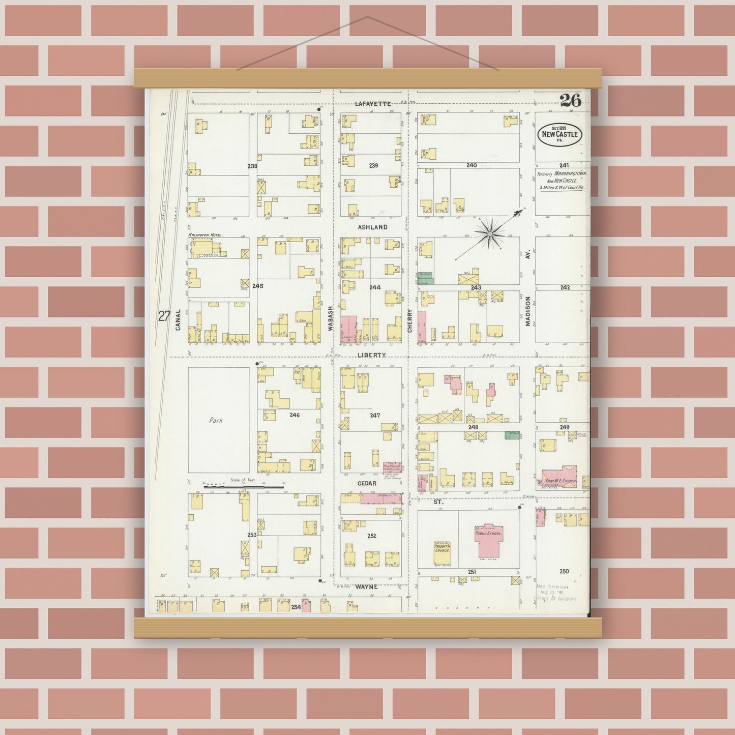 Old map wall art mockup — magnetic wood frame on brick wall — Sanborn Fire Insurance Map from New Castle, Lawrence County, Pennsylvania (1899), Sheet #0026