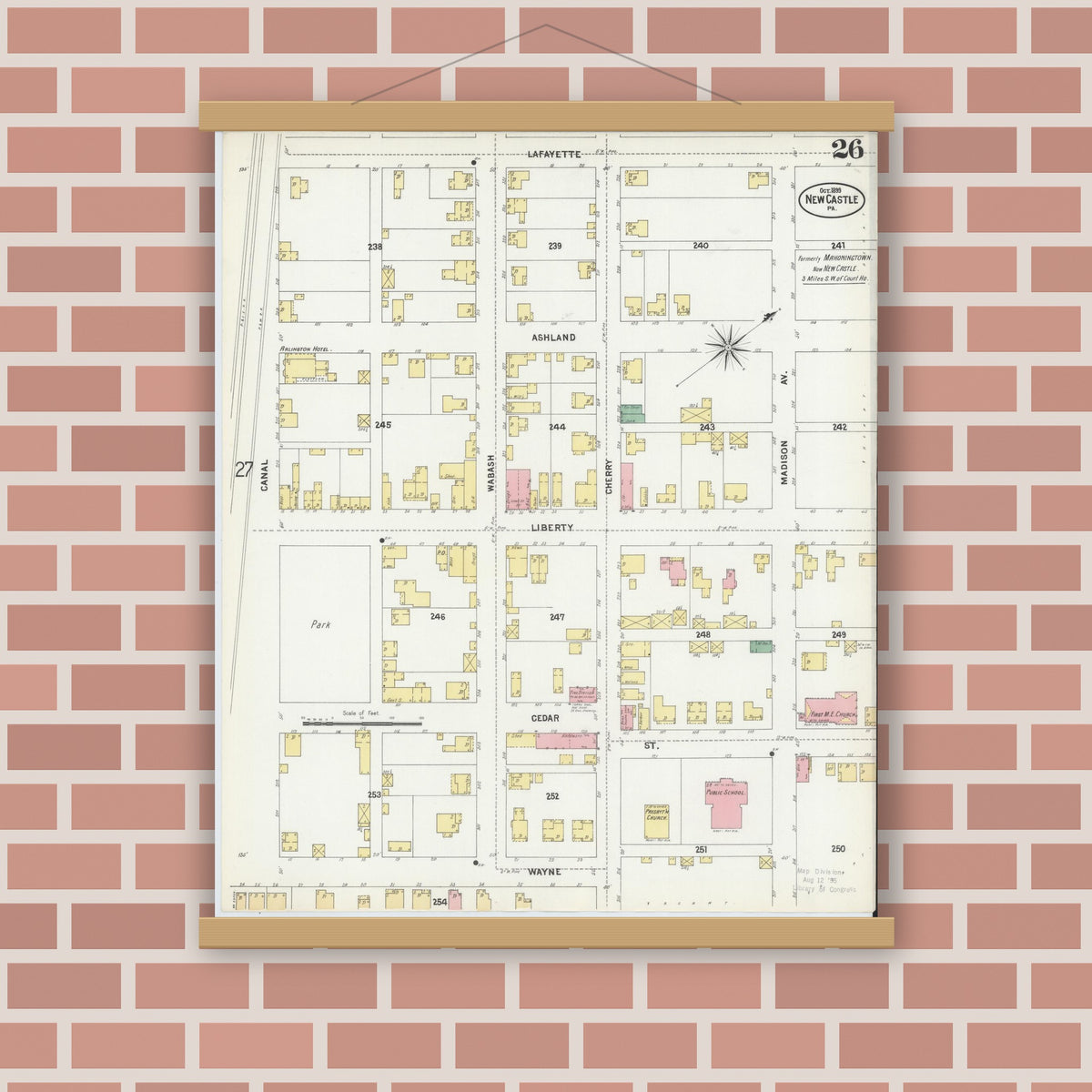 Old map wall art mockup — magnetic wood frame on brick wall — Sanborn Fire Insurance Map from New Castle, Lawrence County, Pennsylvania (1899), Sheet #0026
