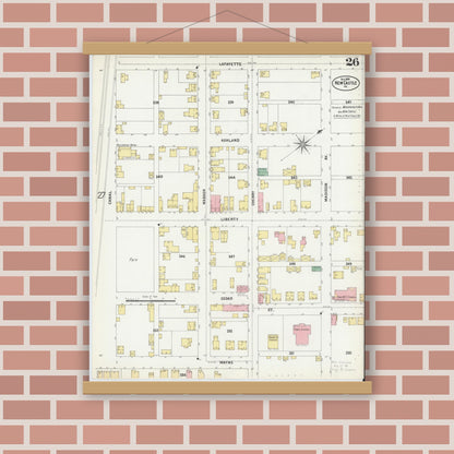 Old map wall art mockup — magnetic wood frame on brick wall — Sanborn Fire Insurance Map from New Castle, Lawrence County, Pennsylvania (1899), Sheet #0026
