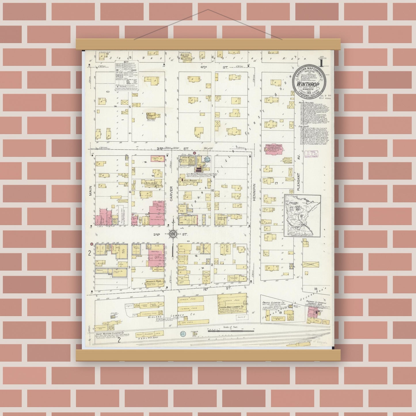Old map wall art mockup — magnetic wood frame on brick wall — Sanborn Fire Insurance Map from Winthrop, Sibley County, Minnesota (1913) - Complete Map Set