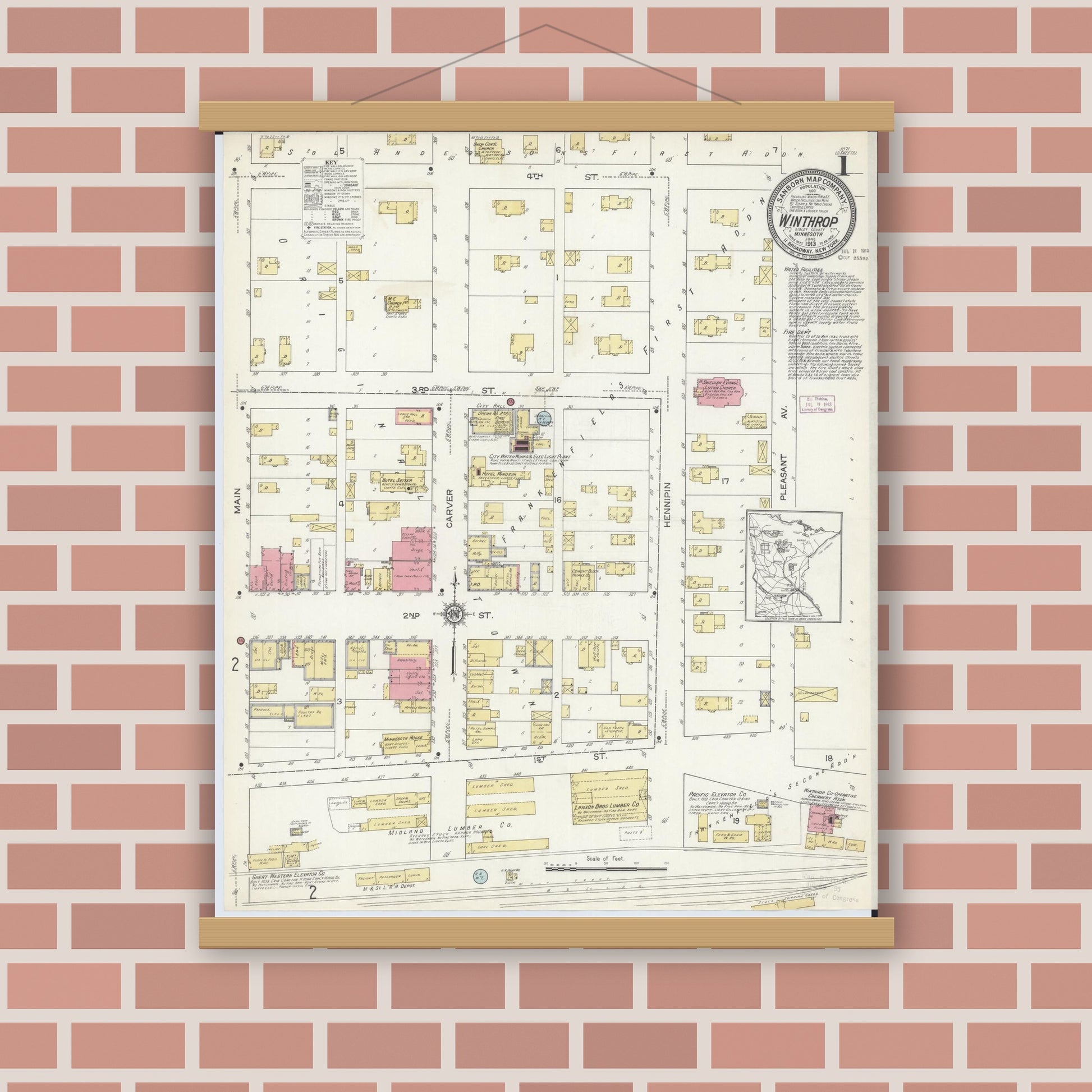 Old map wall art mockup — magnetic wood frame on brick wall — Sanborn Fire Insurance Map from Winthrop, Sibley County, Minnesota (1913) - Complete Map Set