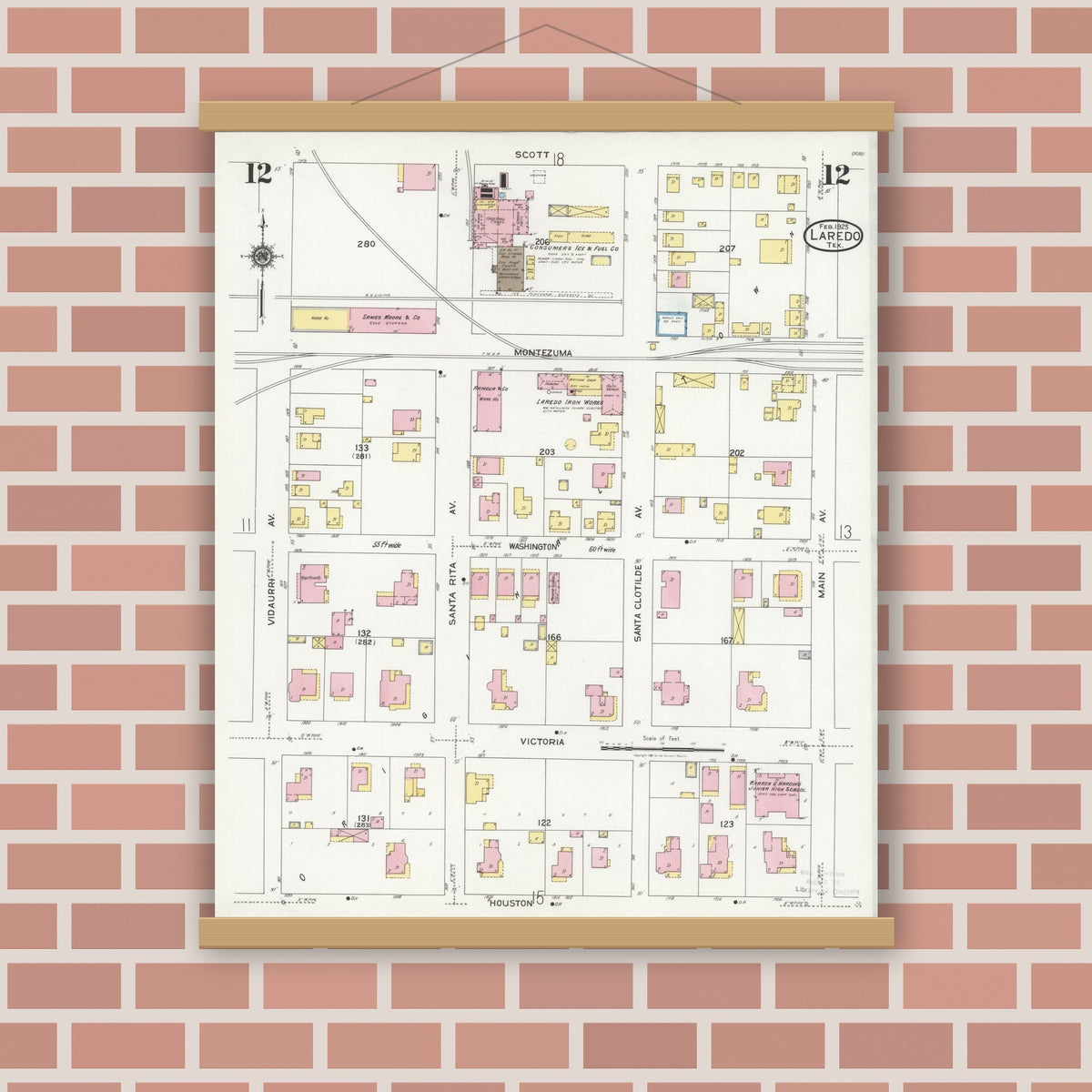 Old map wall art mockup — magnetic wood frame on brick wall — Sanborn Fire Insurance Map from Laredo, Webb County, Texas (1925), Sheet #0012