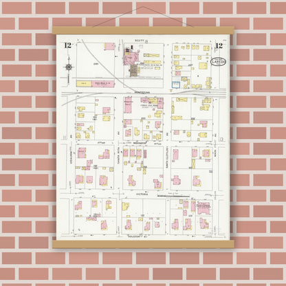 Old map wall art mockup — magnetic wood frame on brick wall — Sanborn Fire Insurance Map from Laredo, Webb County, Texas (1925), Sheet #0012