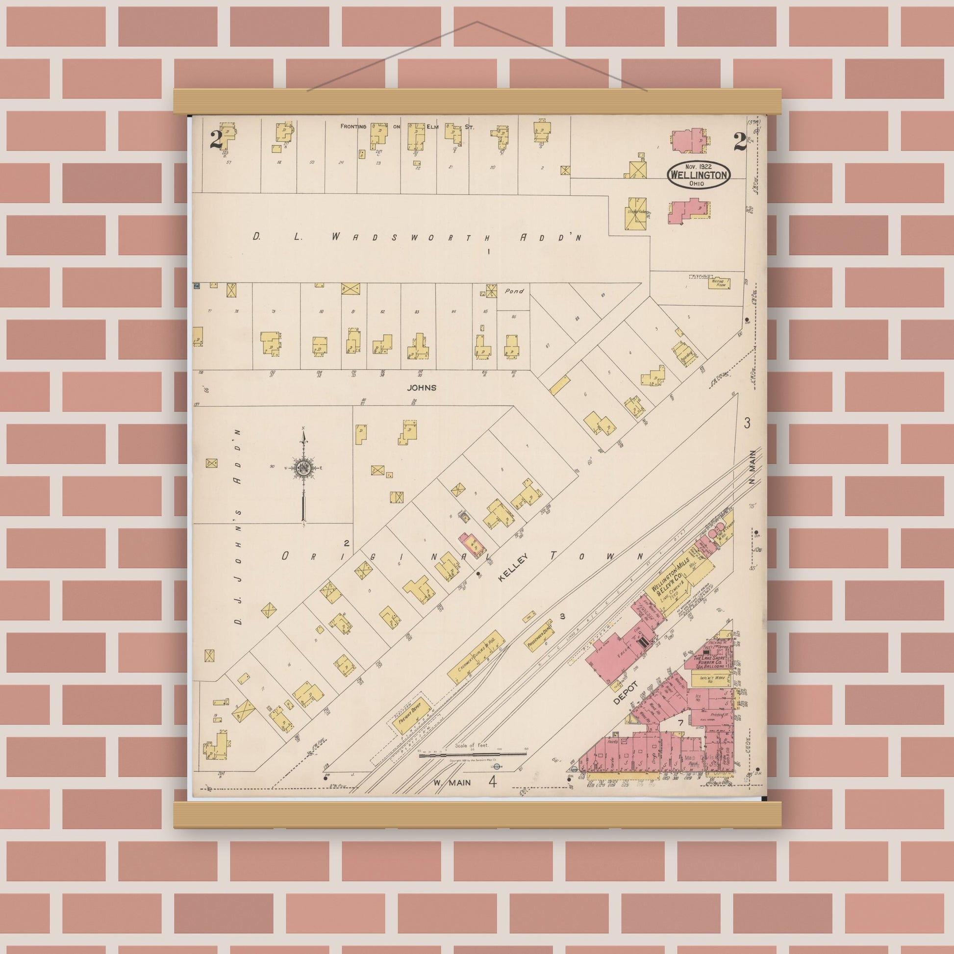 Old map wall art mockup — magnetic wood frame on brick wall — Sanborn Fire Insurance Map from Wellington, Lorain County, Ohio (1922), Sheet #0002