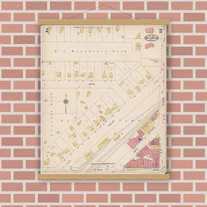 Old map wall art mockup — magnetic wood frame on brick wall — Sanborn Fire Insurance Map from Wellington, Lorain County, Ohio (1922), Sheet #0002