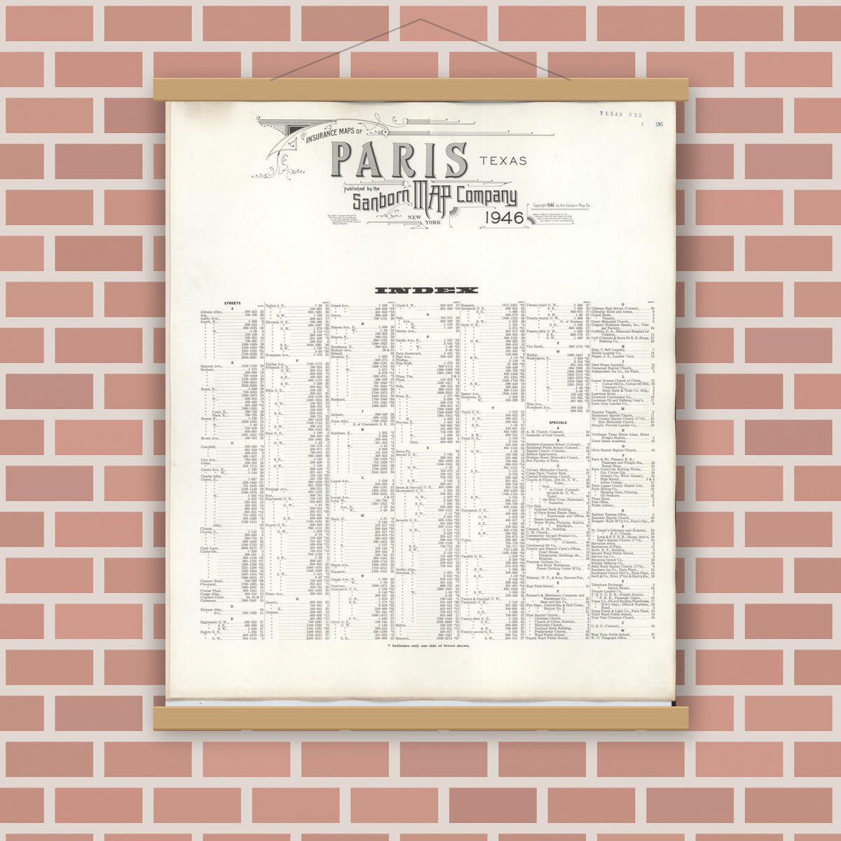 Old map wall art mockup — magnetic wood frame on brick wall — Sanborn Fire Insurance Map from Paris, Lamar County, Texas (1950), Sheet #0001