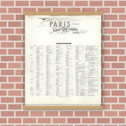 Old map wall art mockup — magnetic wood frame on brick wall — Sanborn Fire Insurance Map from Paris, Lamar County, Texas (1950), Sheet #0001
