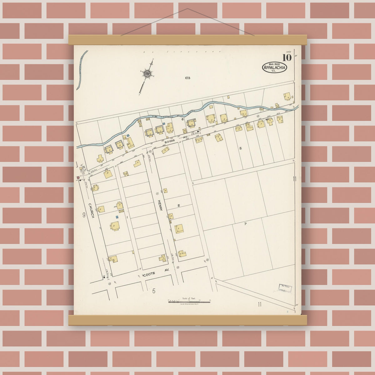 Old map wall art mockup — magnetic wood frame on brick wall — Sanborn Fire Insurance Map from Appalachia, Wise County, Virginia (1922), Sheet #0010