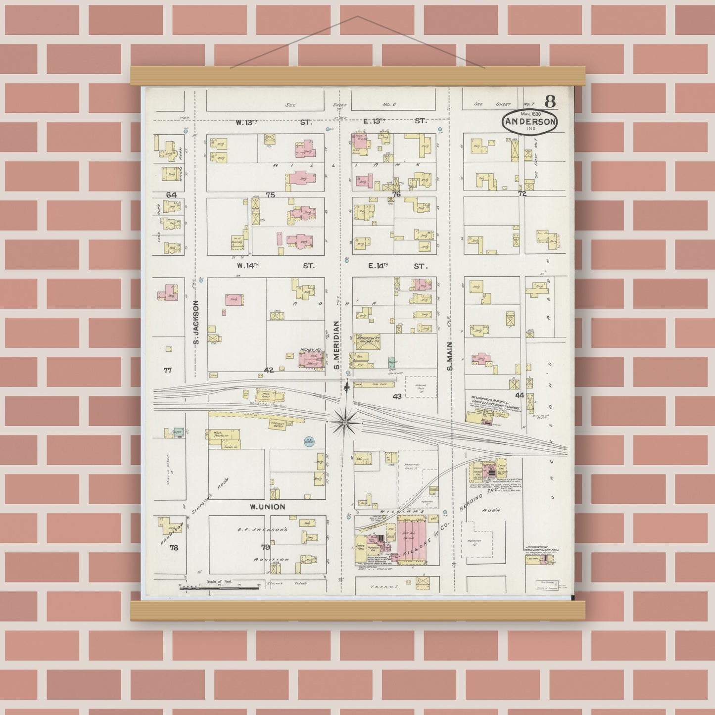 Old map wall art mockup — magnetic wood frame on brick wall — Sanborn Fire Insurance Map from Anderson, Madison County, Indiana (1890), Sheet #0008