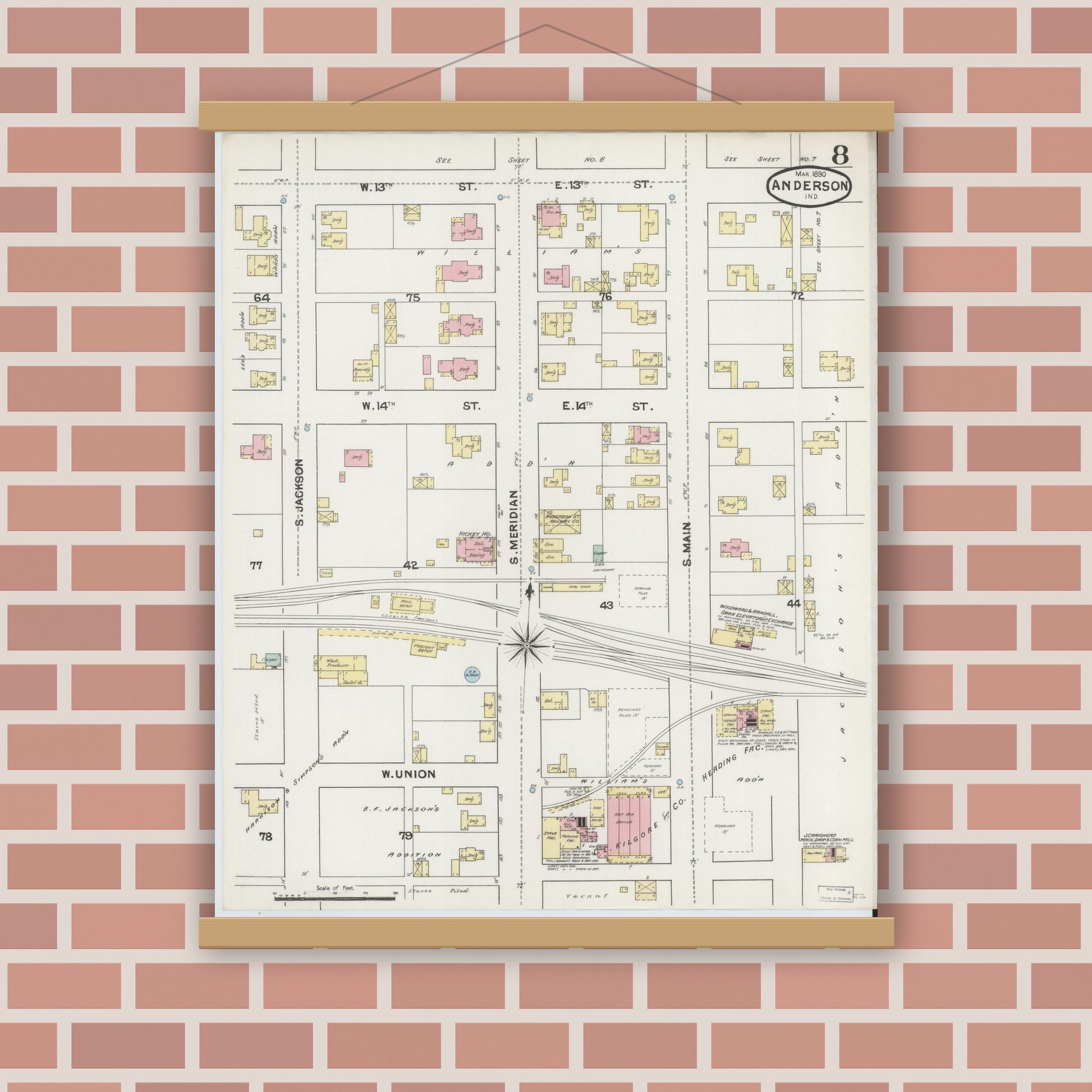 Old map wall art mockup — magnetic wood frame on brick wall — Sanborn Fire Insurance Map from Anderson, Madison County, Indiana (1890), Sheet #0008