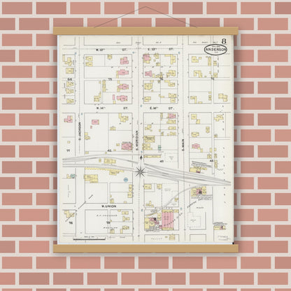 Old map wall art mockup — magnetic wood frame on brick wall — Sanborn Fire Insurance Map from Anderson, Madison County, Indiana (1890), Sheet #0008