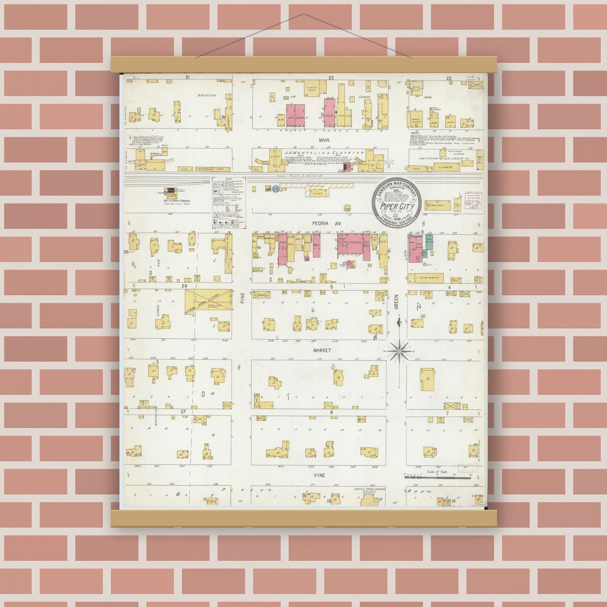 Old map wall art mockup — magnetic wood frame on brick wall — Sanborn Fire Insurance Map from Piper City, Ford County, Illinois (1906), Sheet #0001