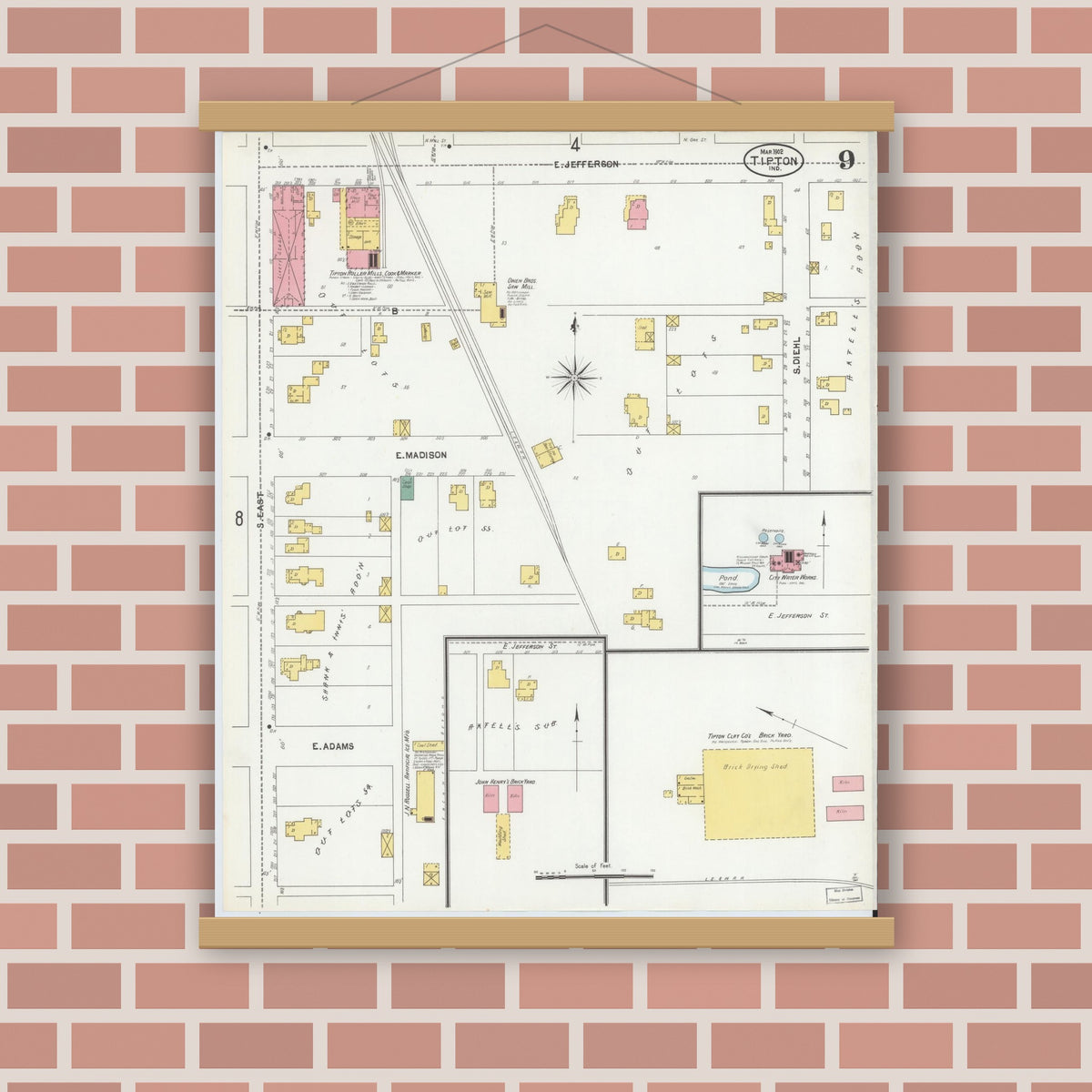 Old map wall art mockup — magnetic wood frame on brick wall — Sanborn Fire Insurance Map from Tipton, Tipton County, Indiana (1902), Sheet #0009