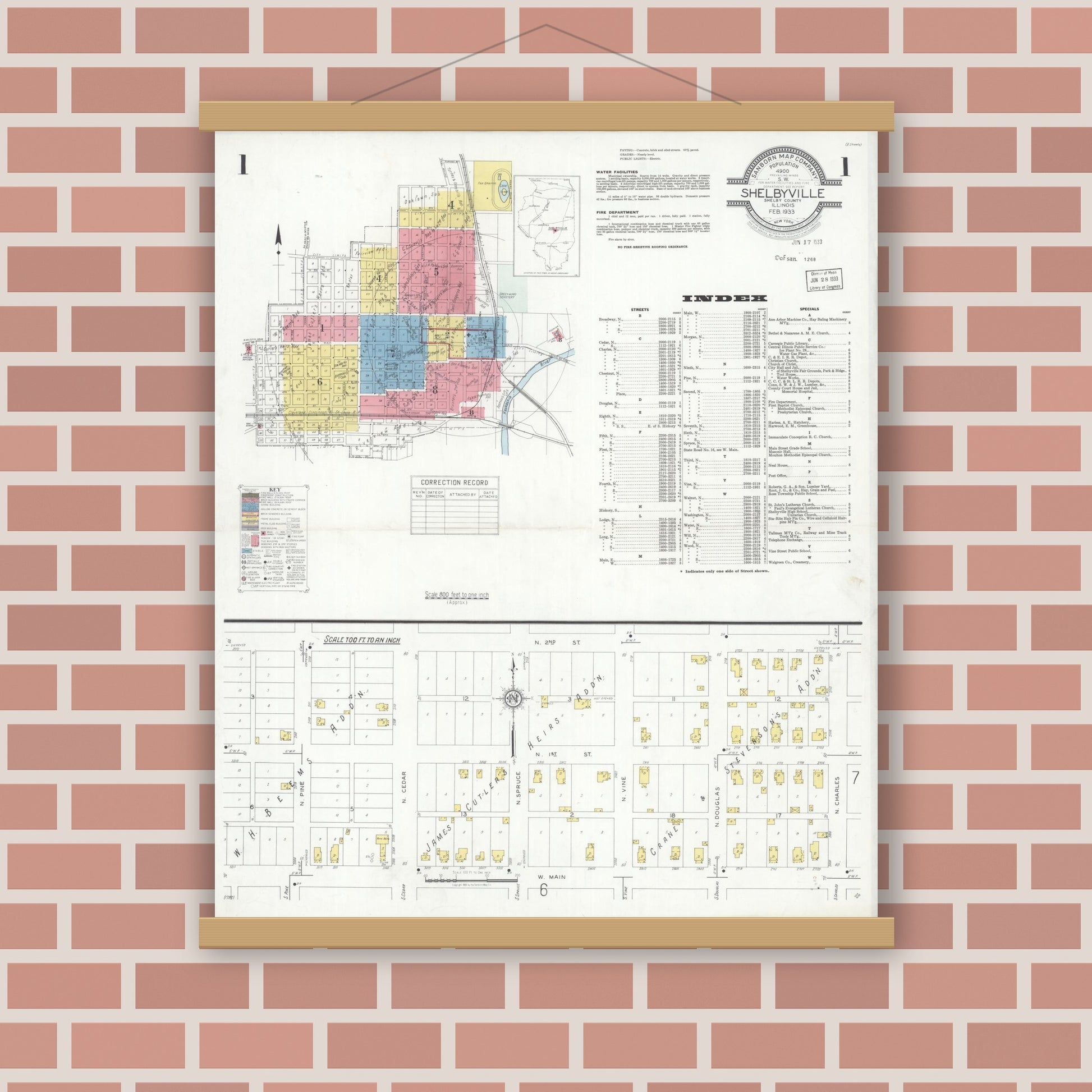 Old map wall art mockup — magnetic wood frame on brick wall — Sanborn Fire Insurance Map from Shelbyville, Shelby County, Illinois (1933) - Complete Map Set