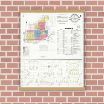 Old map wall art mockup — magnetic wood frame on brick wall — Sanborn Fire Insurance Map from Shelbyville, Shelby County, Illinois (1933) - Complete Map Set