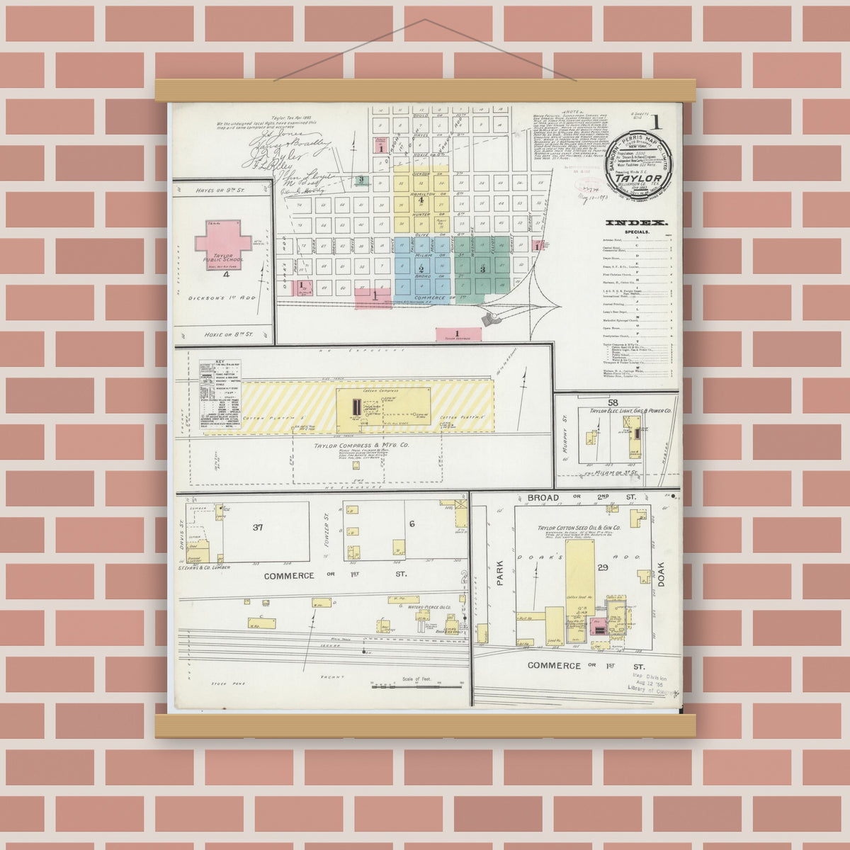 Old map wall art mockup — magnetic wood frame on brick wall — Sanborn Fire Insurance Map from Taylor, Williamson County, Texas (1893), Sheet #0001