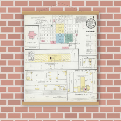 Old map wall art mockup — magnetic wood frame on brick wall — Sanborn Fire Insurance Map from Taylor, Williamson County, Texas (1893), Sheet #0001