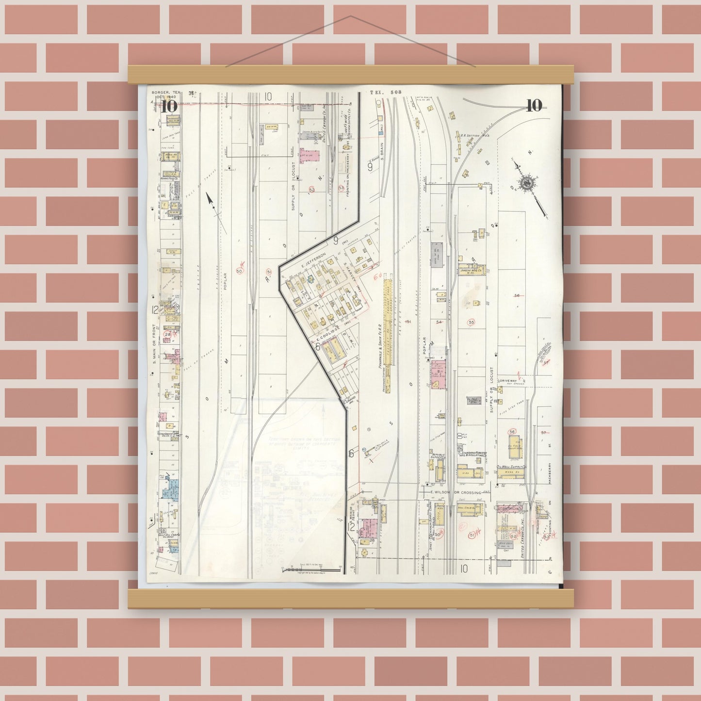 Old map wall art mockup — magnetic wood frame on brick wall — Sanborn Fire Insurance Map from Borger, Hutchinson County, Texas (1950), Sheet #0010