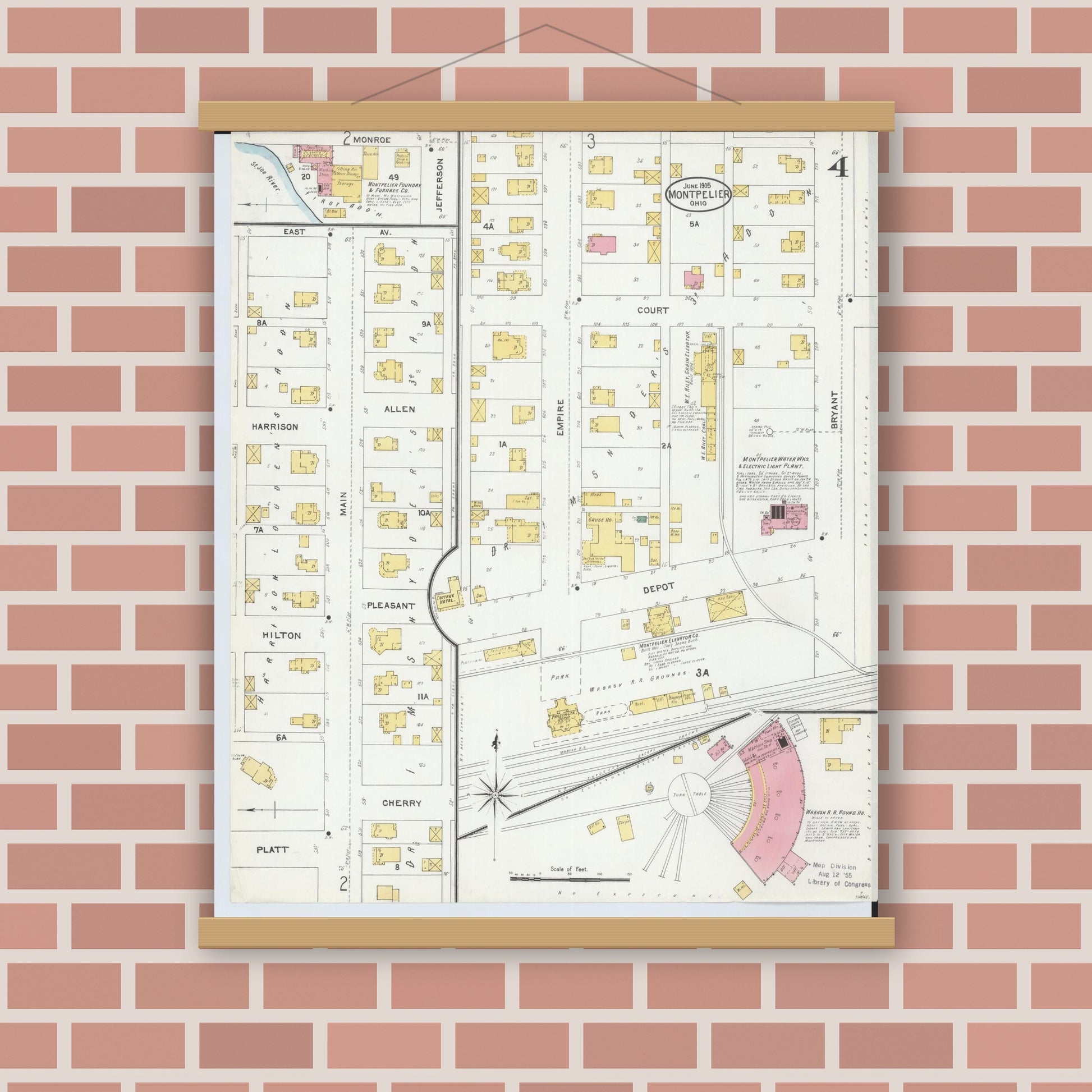Old map wall art mockup — magnetic wood frame on brick wall — Sanborn Fire Insurance Map from Montpelier, Williams County, Ohio (1905), Sheet #0004