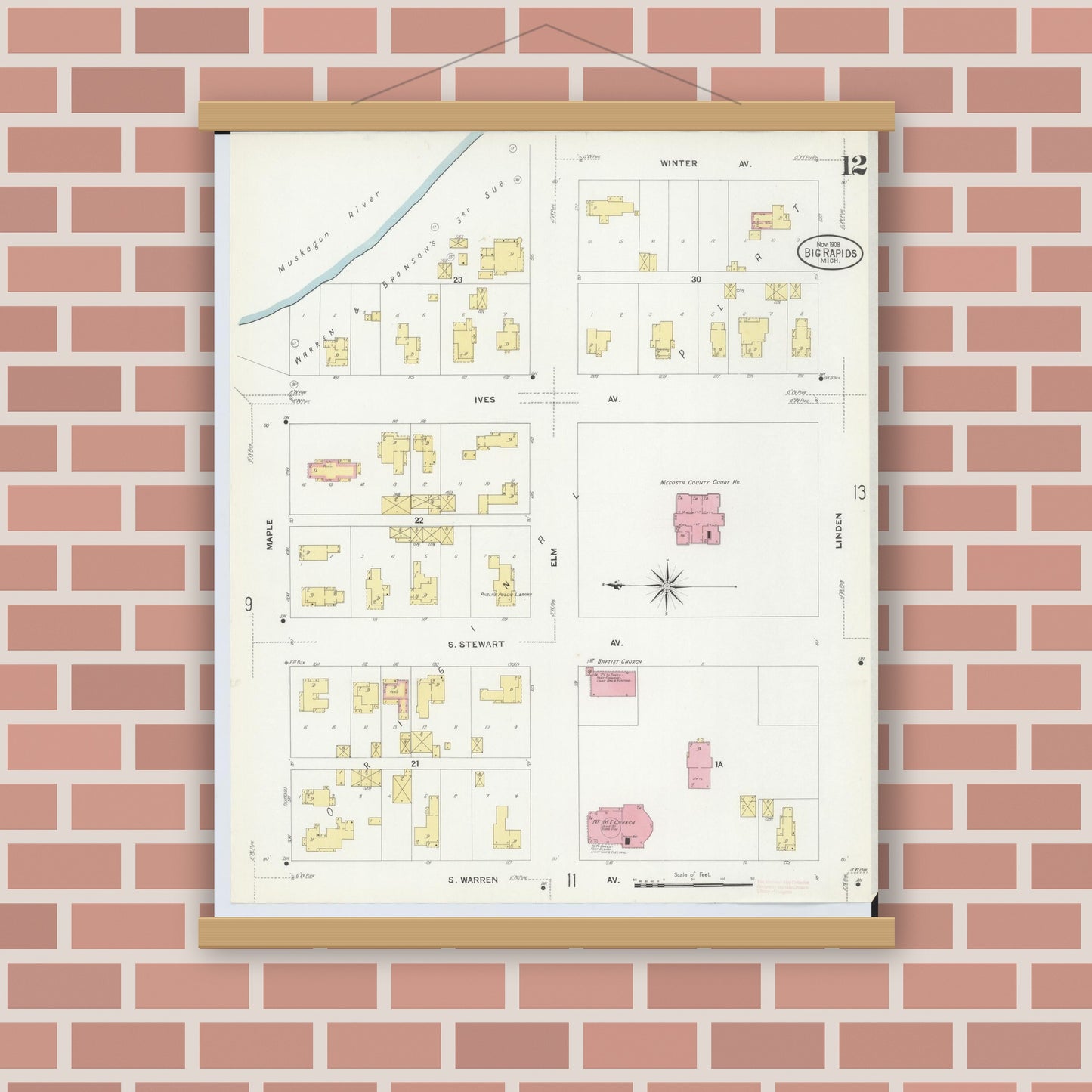 Old map wall art mockup — magnetic wood frame on brick wall — Sanborn Fire Insurance Map from Big Rapids, Mecosta County, Michigan (1908), Sheet #0012