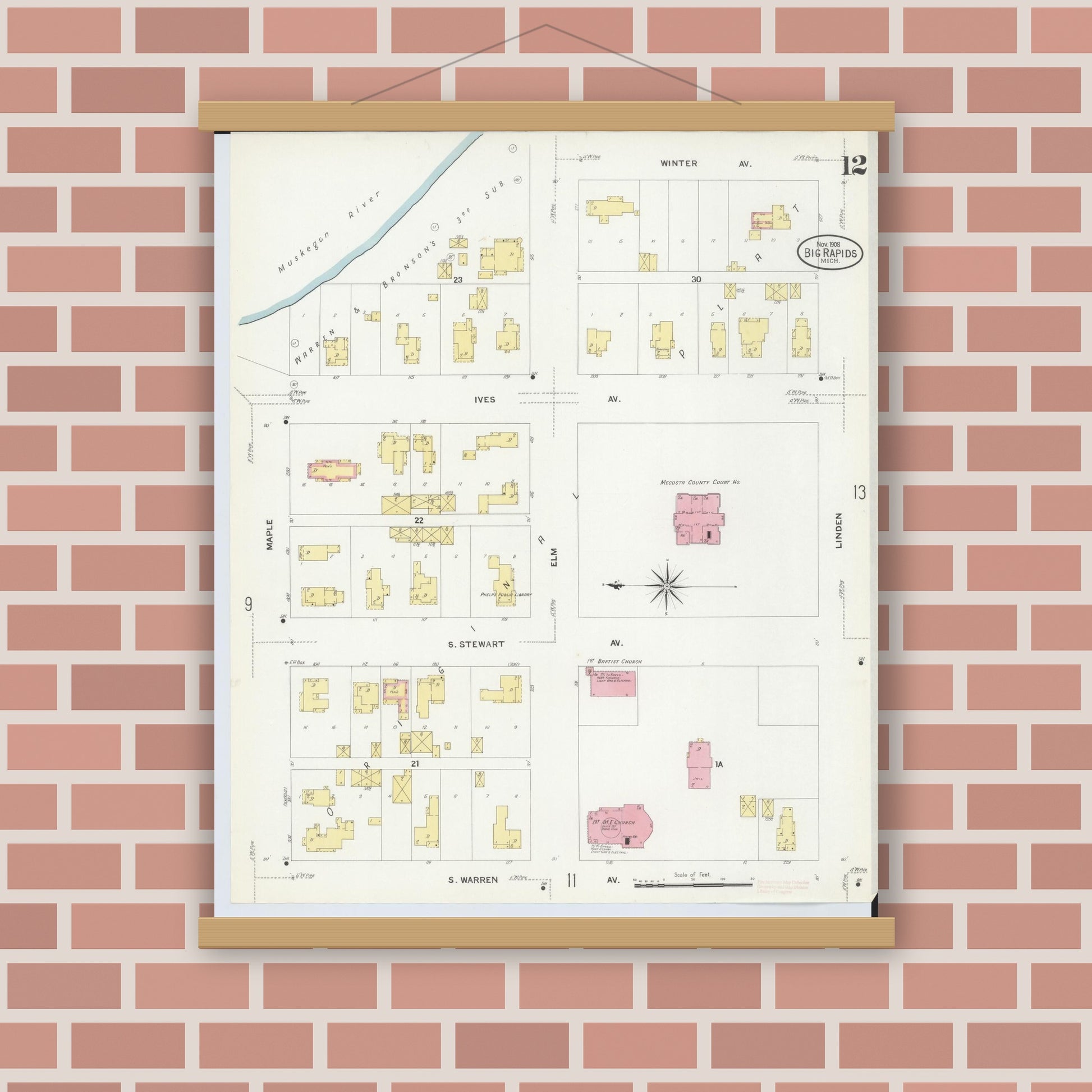 Old map wall art mockup — magnetic wood frame on brick wall — Sanborn Fire Insurance Map from Big Rapids, Mecosta County, Michigan (1908), Sheet #0012
