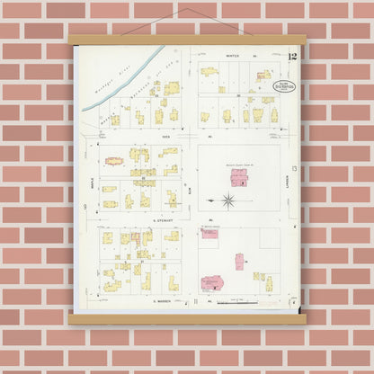 Old map wall art mockup — magnetic wood frame on brick wall — Sanborn Fire Insurance Map from Big Rapids, Mecosta County, Michigan (1908), Sheet #0012