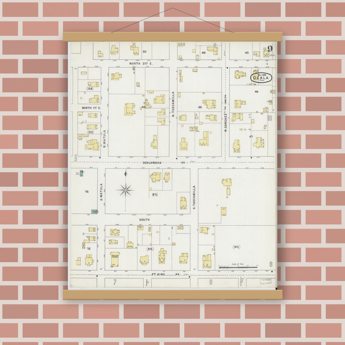 Old map wall art mockup — magnetic wood frame on brick wall — Sanborn Fire Insurance Map from Ocala, Marion County, Florida (1895), Sheet #0009
