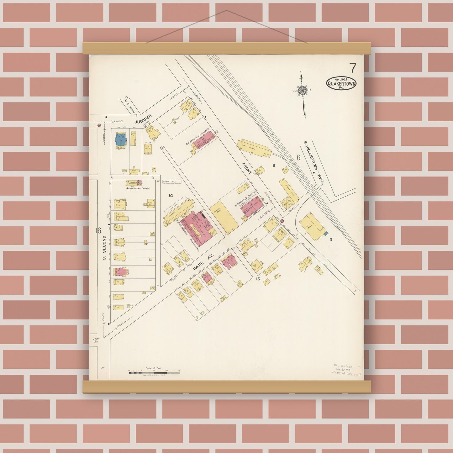 Old map wall art mockup — magnetic wood frame on brick wall — Sanborn Fire Insurance Map from Quakertown, Bucks County, Pennsylvania (1922), Sheet #0007