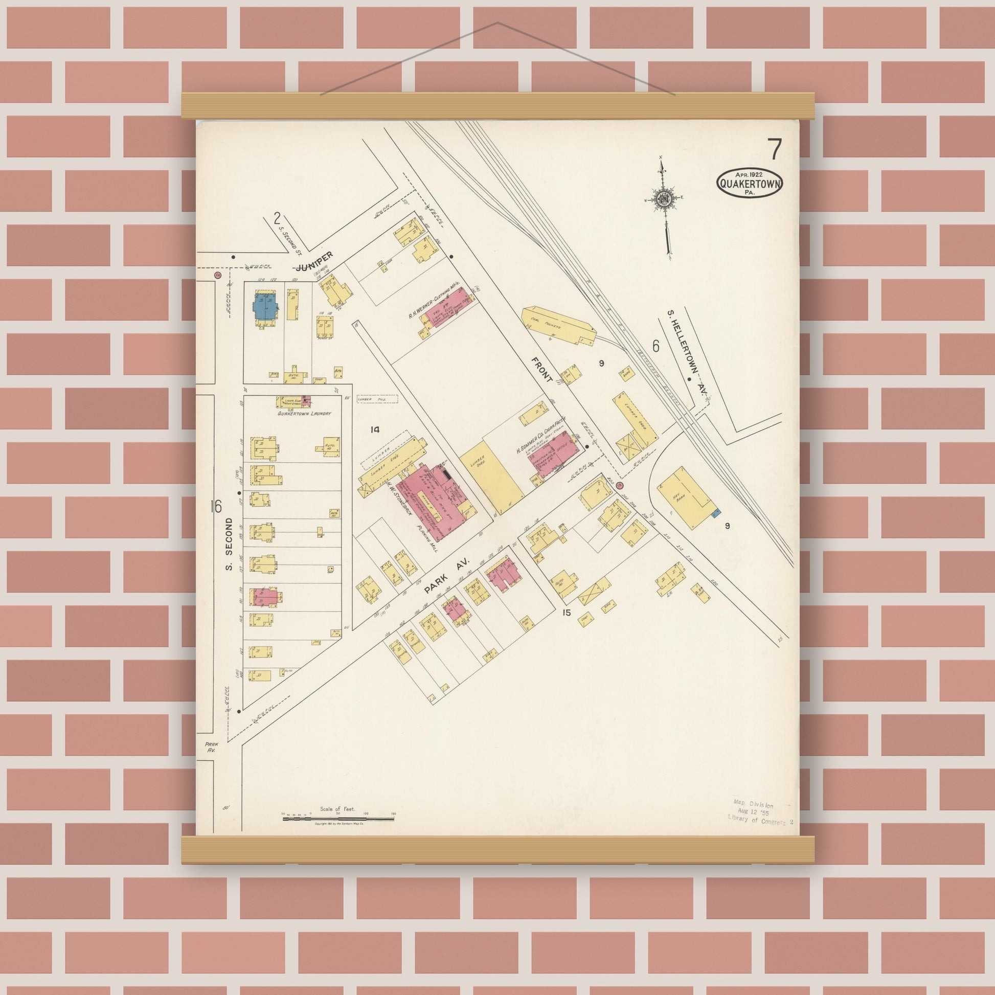 Old map wall art mockup — magnetic wood frame on brick wall — Sanborn Fire Insurance Map from Quakertown, Bucks County, Pennsylvania (1922), Sheet #0007
