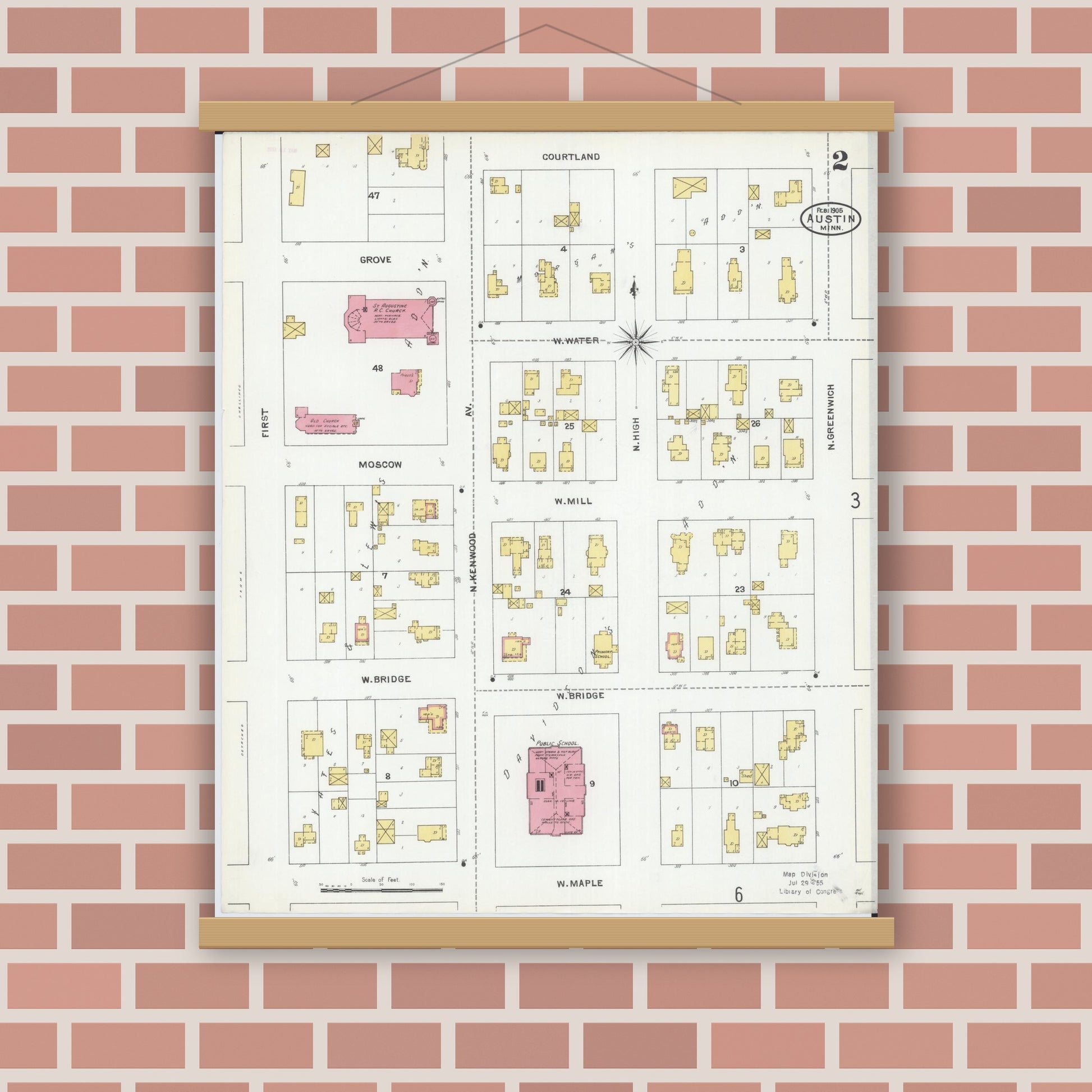 Old map wall art mockup — magnetic wood frame on brick wall — Sanborn Fire Insurance Map from Austin, Mower County, Minnesota (1905), Sheet #0002
