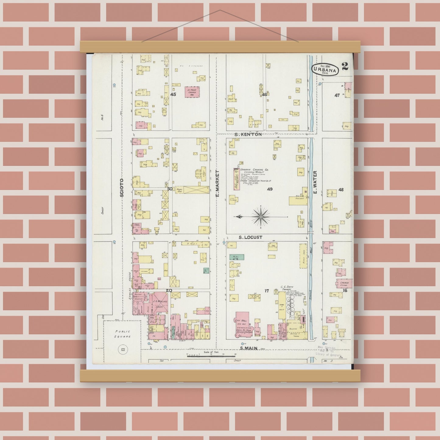 Old map wall art mockup — magnetic wood frame on brick wall — Sanborn Fire Insurance Map from Urbana, Champaign County, Ohio (1890), Sheet #0002