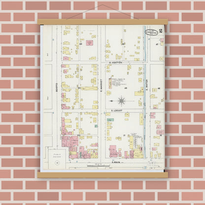 Old map wall art mockup — magnetic wood frame on brick wall — Sanborn Fire Insurance Map from Urbana, Champaign County, Ohio (1890), Sheet #0002