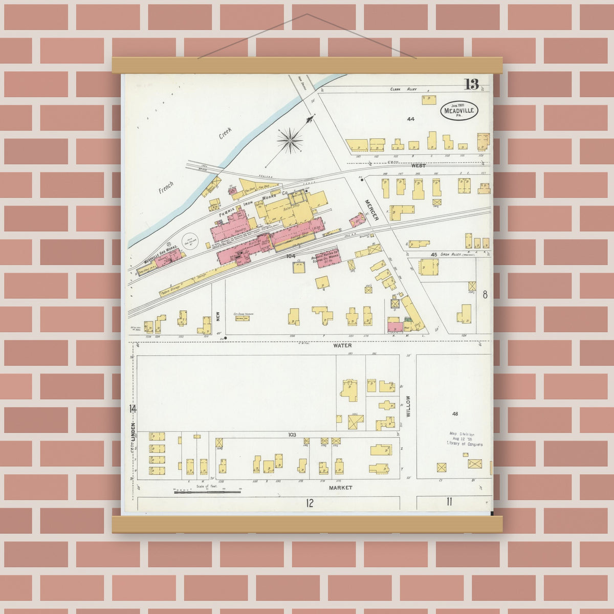 Old map wall art mockup — magnetic wood frame on brick wall — Sanborn Fire Insurance Map from Meadville, Crawford County, Pennsylvania (1901), Sheet #0013