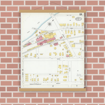 Old map wall art mockup — magnetic wood frame on brick wall — Sanborn Fire Insurance Map from Meadville, Crawford County, Pennsylvania (1901), Sheet #0013