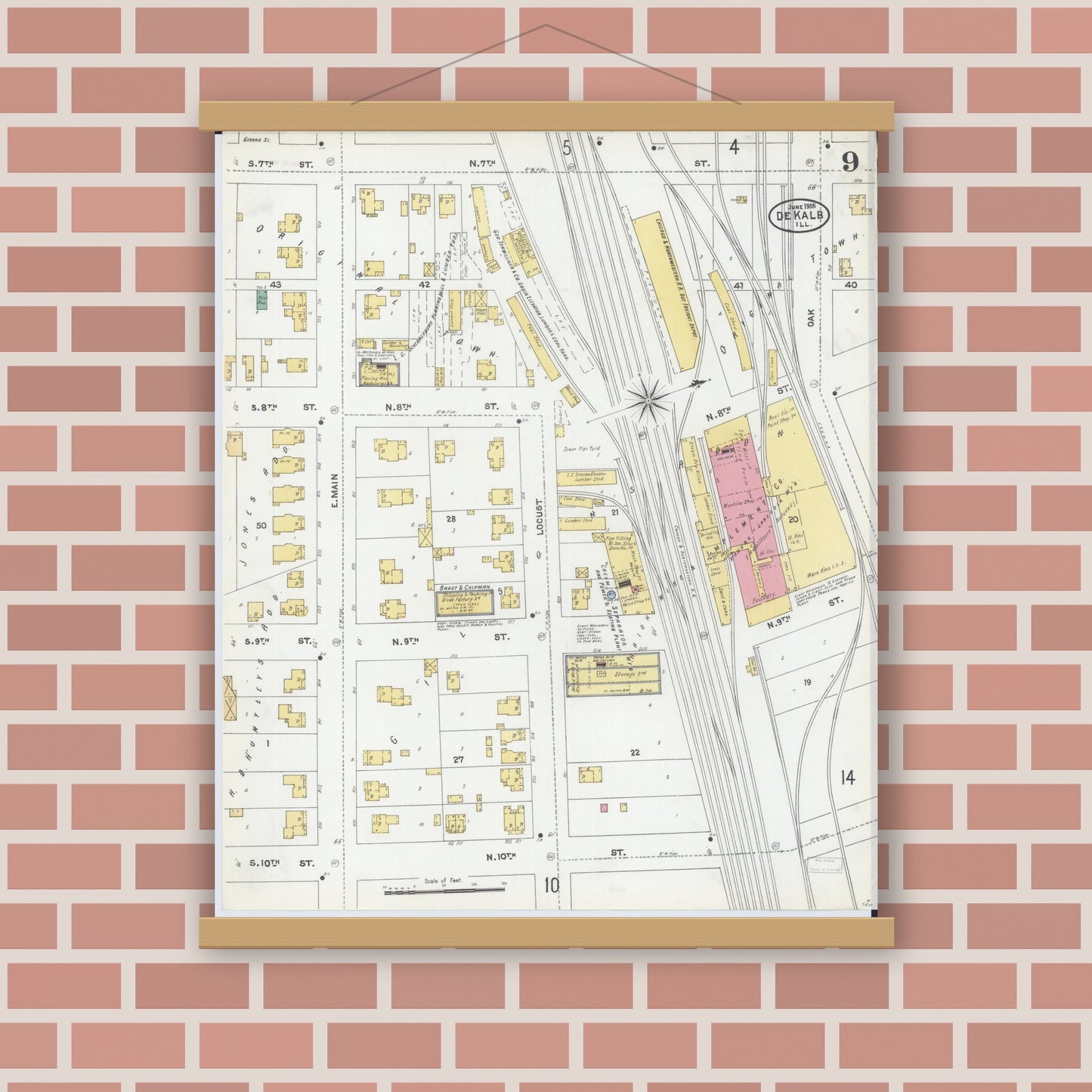 Old map wall art mockup — magnetic wood frame on brick wall — Sanborn Fire Insurance Map from De Kalb, De Kalb County, Illinois (1905), Sheet #0009