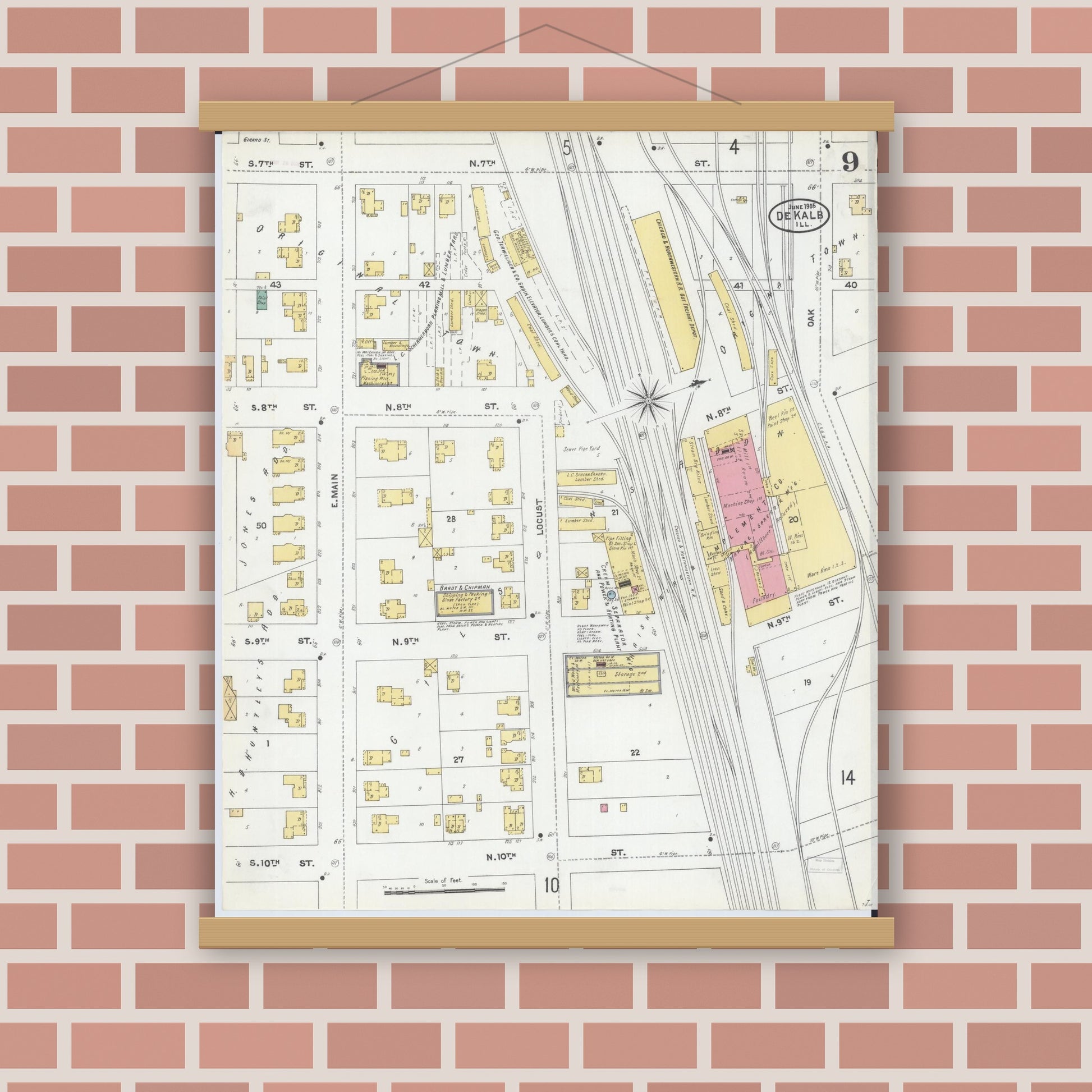 Old map wall art mockup — magnetic wood frame on brick wall — Sanborn Fire Insurance Map from De Kalb, De Kalb County, Illinois (1905), Sheet #0009