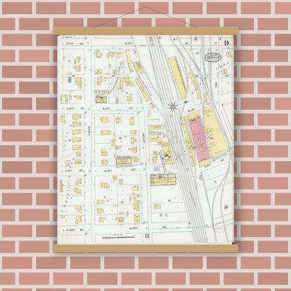 Old map wall art mockup — magnetic wood frame on brick wall — Sanborn Fire Insurance Map from De Kalb, De Kalb County, Illinois (1905), Sheet #0009