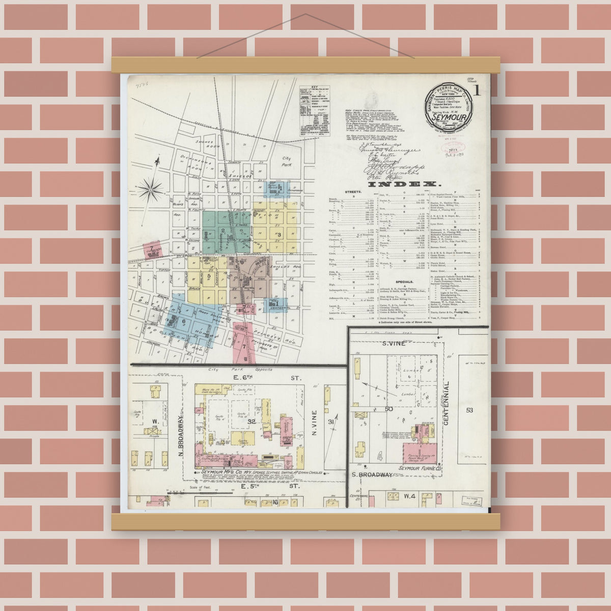 Old map wall art mockup — magnetic wood frame on brick wall — Sanborn Fire Insurance Map from Seymour, Jackson County, Indiana (1892), Sheet #0001