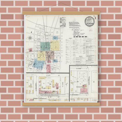 Old map wall art mockup — magnetic wood frame on brick wall — Sanborn Fire Insurance Map from Seymour, Jackson County, Indiana (1892), Sheet #0001