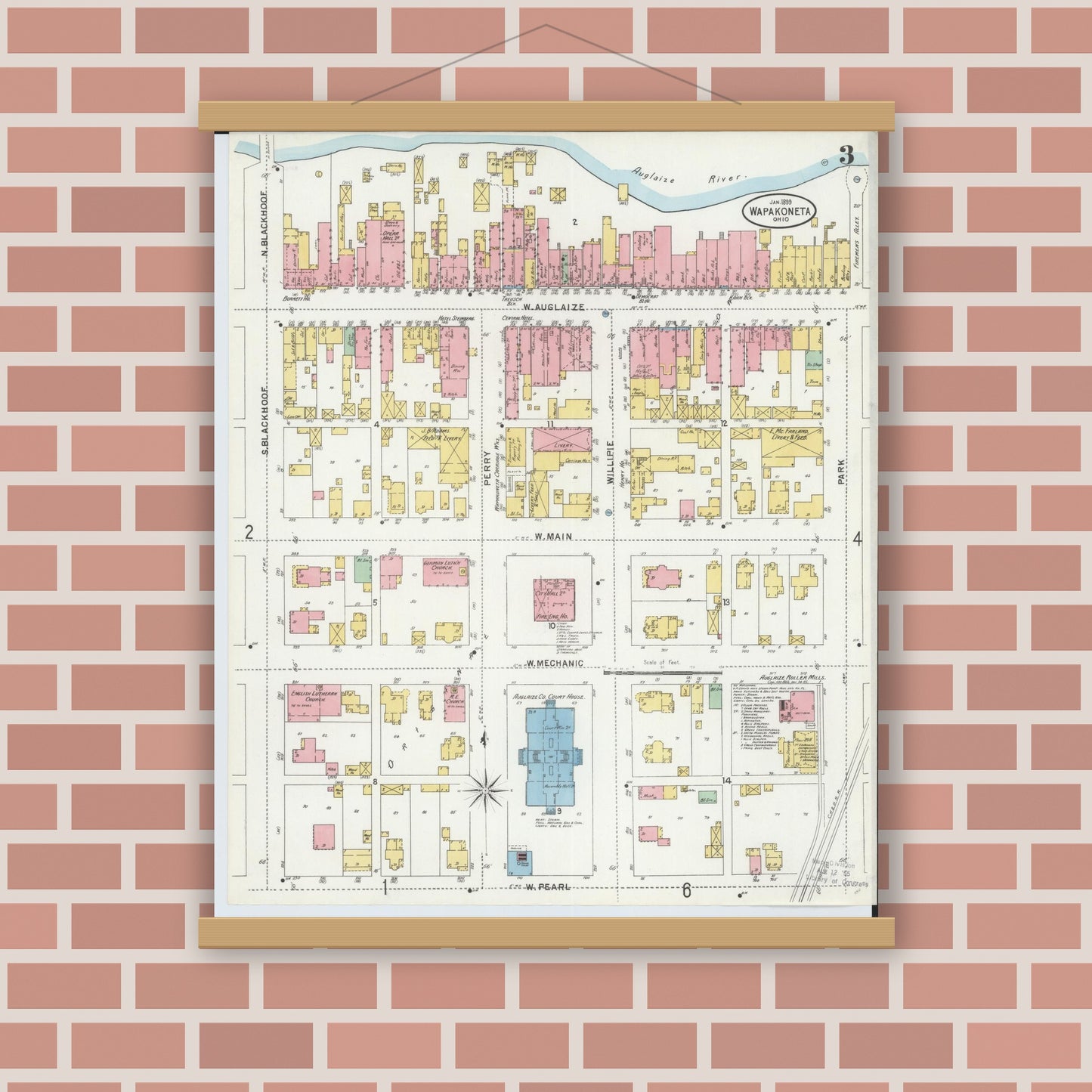 Old map wall art mockup — magnetic wood frame on brick wall — Sanborn Fire Insurance Map from Wapakoneta, Auglaize County, Ohio (1899), Sheet #0003