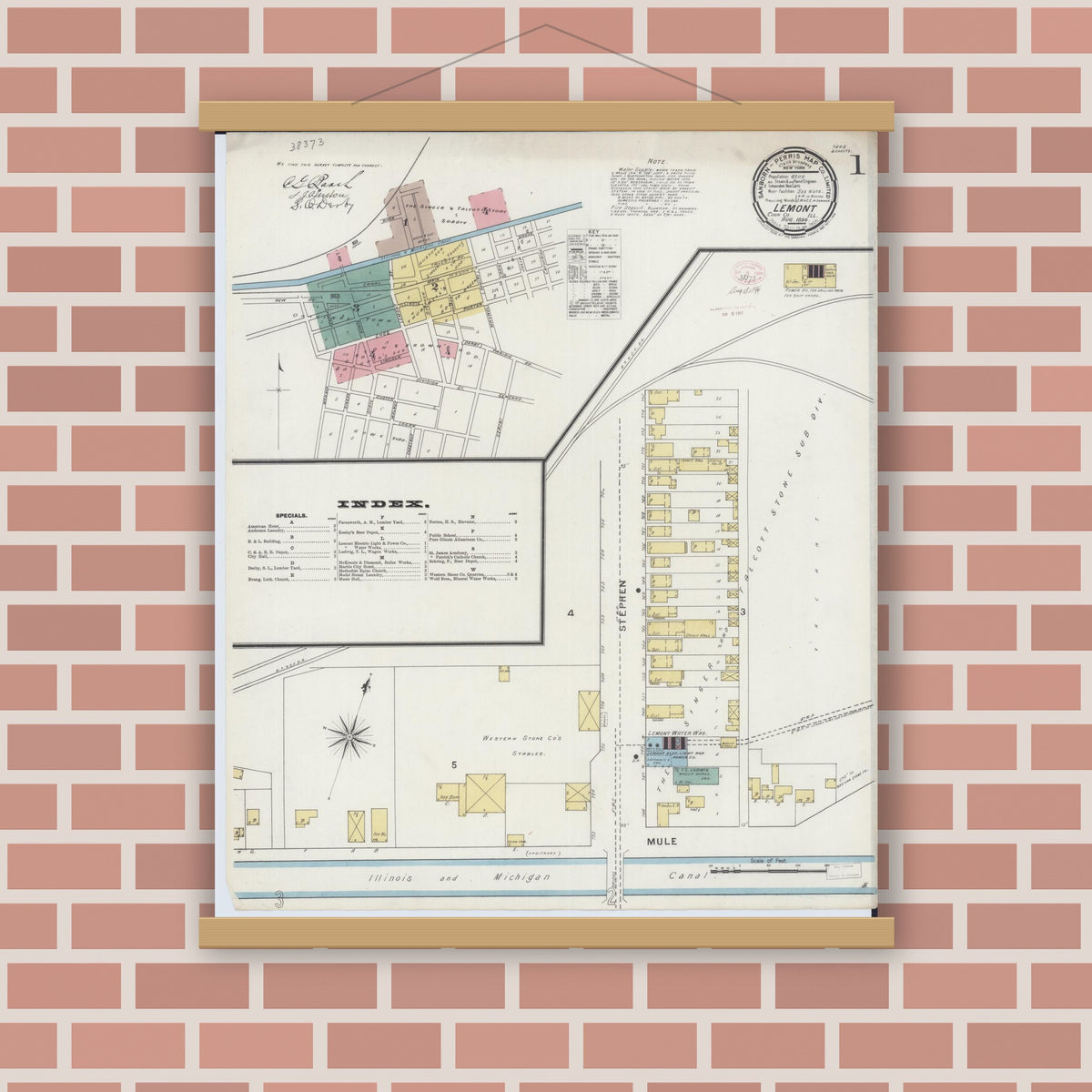 Old map wall art mockup — magnetic wood frame on brick wall — Sanborn Fire Insurance Map from Lemont, Cook County, Illinois (1894) - Complete Map Set
