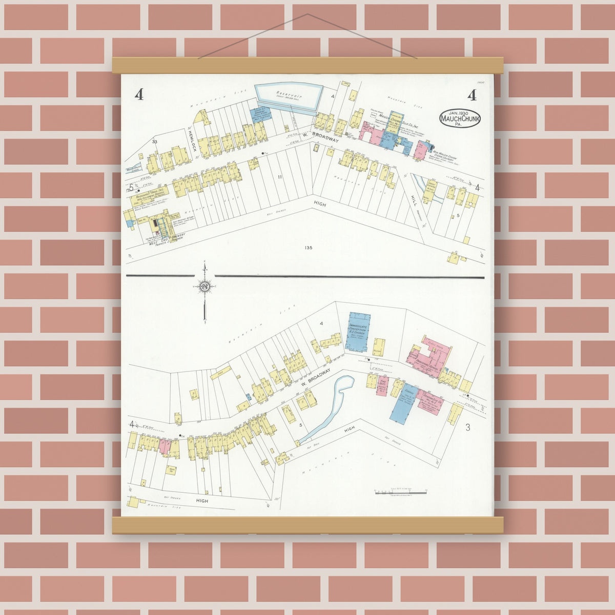 Old map wall art mockup — magnetic wood frame on brick wall — Sanborn Fire Insurance Map from Mauch Chunk, Carbon County, Pennsylvania (1930), Sheet #0004
