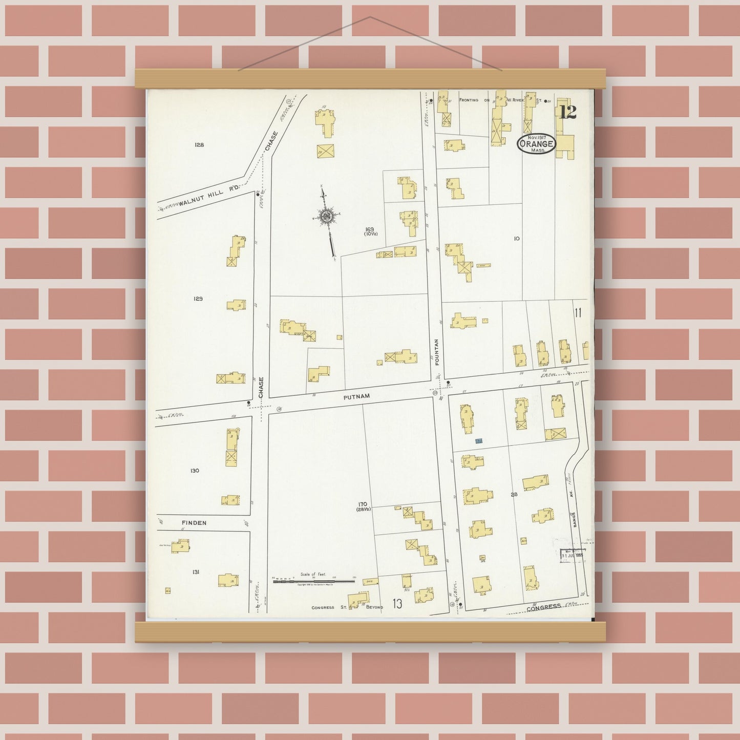 Old map wall art mockup — magnetic wood frame on brick wall — Sanborn Fire Insurance Map from Orange, Franklin County, Massachusetts (1917), Sheet #0012
