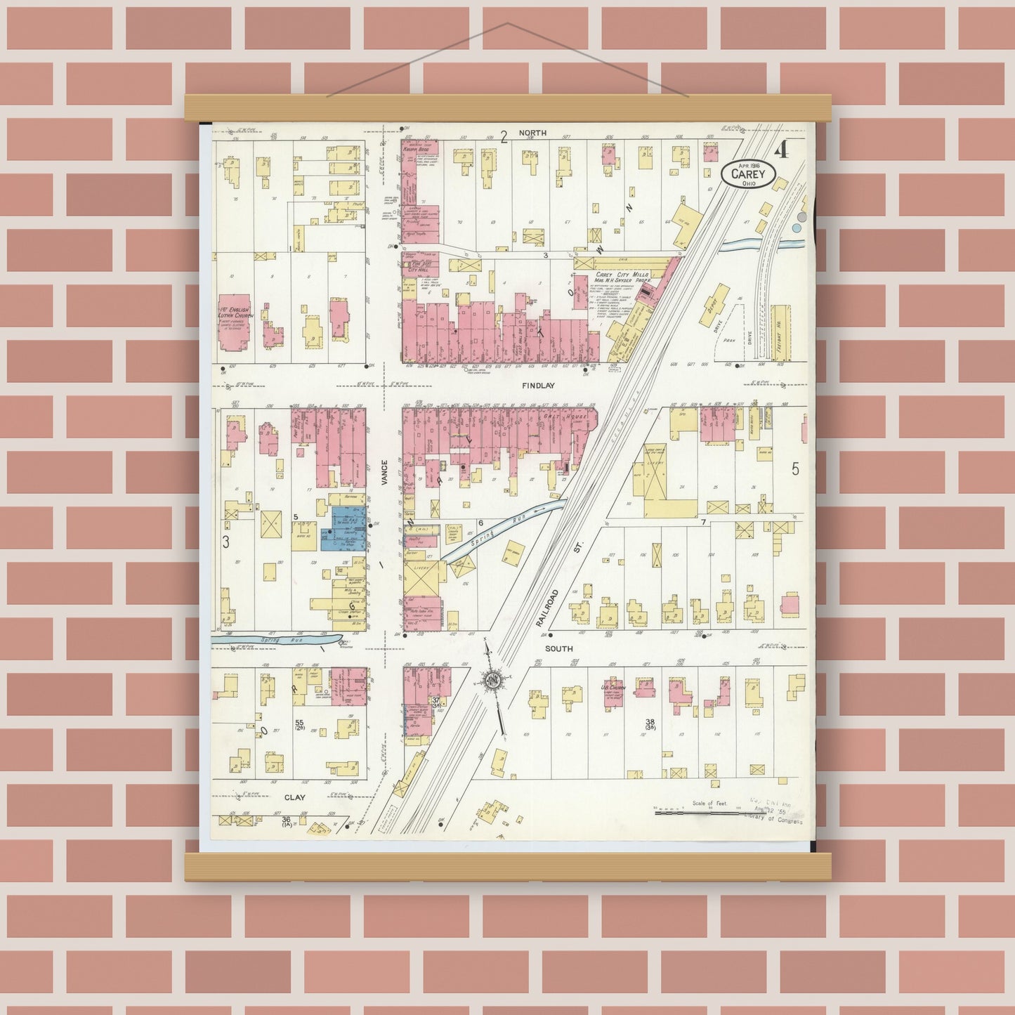 Old map wall art mockup — magnetic wood frame on brick wall — Sanborn Fire Insurance Map from Carey, Wyandot County, Ohio (1916), Sheet #0004