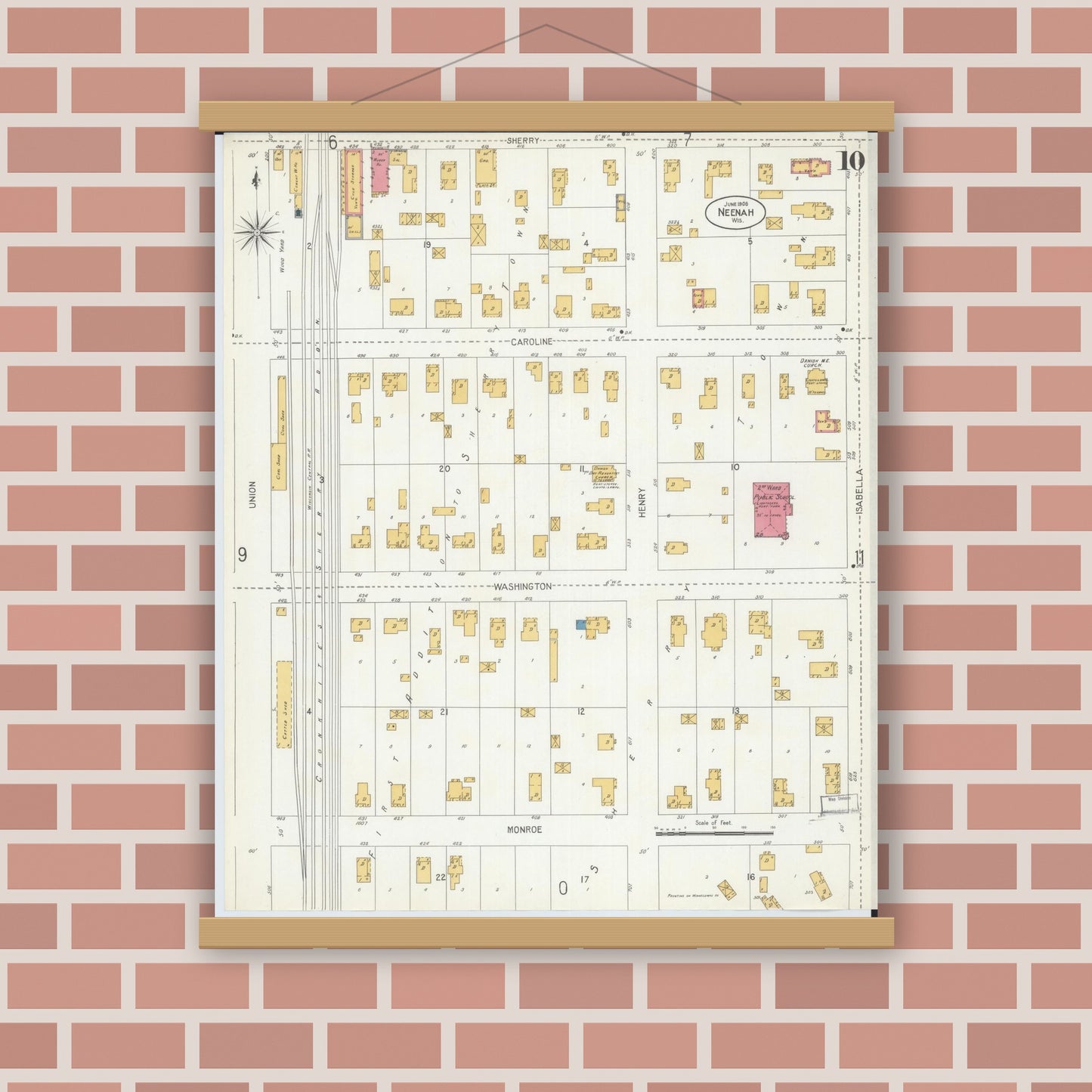 Old map wall art mockup — magnetic wood frame on brick wall — Sanborn Fire Insurance Map from Neenah, Winnebago County, Wisconsin (1906), Sheet #0010