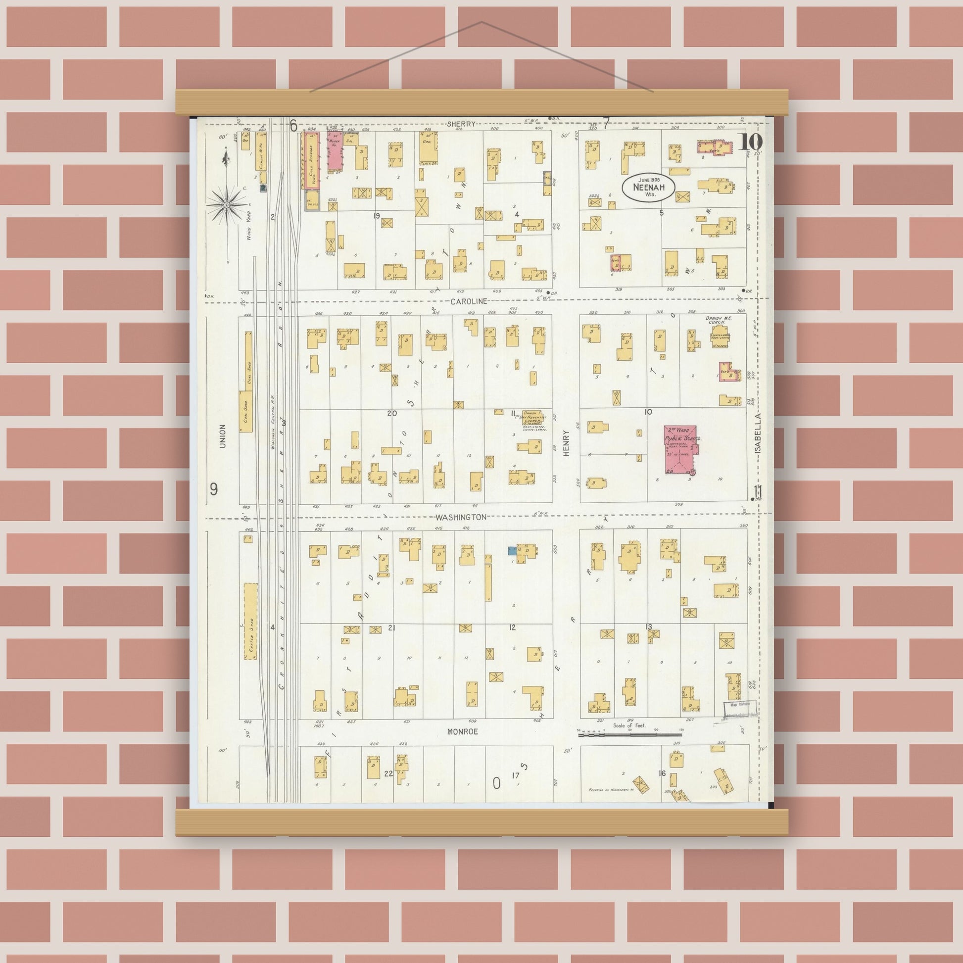 Old map wall art mockup — magnetic wood frame on brick wall — Sanborn Fire Insurance Map from Neenah, Winnebago County, Wisconsin (1906), Sheet #0010